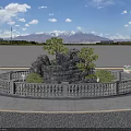 Garden Landscape with Circular Stone Railing Rockery Pine Trees Blue Sky White Clouds and Mountains