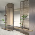 Modern Room Dividers With Wooden Frame Metal Grid And Green Plants On Shelves