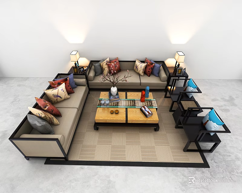 Modern Sofa Coffee Table Set With Decorative Pillows Side Tables Table Lamps And Rug 3d model