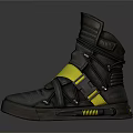High Top Black Leather Shoes With Yellow Straps Side Details And Rubber Sole Design