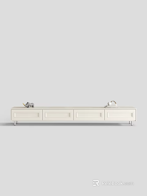 White TV Stand With Drawer Design Metal Legs And Decorative Items On Top 3d model 