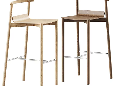 Modern Wooden Bar Stools With Light And Dark Wood Tones And Metal Footrests 3d model