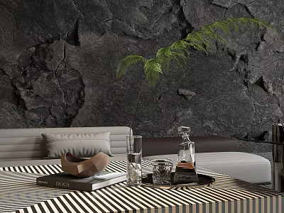 Decorative Ornament Set On Black Striped Table Gray Sofa Dark Stone Wall And Green Plant 3d model