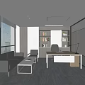 Modern Office Interior Design With Wooden Bookshelf Desk And Leather Sofa