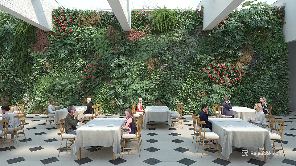 Greenery Filled Restaurant Interior With Living Plant Wall Red Flowers And Dining Tables 3d model 