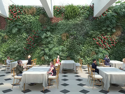 Greenery Filled Restaurant Interior With Living Plant Wall Red Flowers And Dining Tables 3d model