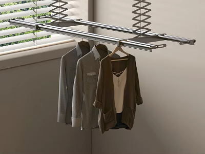 Modern Indoor Stainless Steel Clothes Drying Rack Above Window With Hanging Clothes 3d model