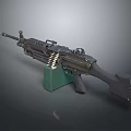 Military Machine Gun With Ammunition Belt And Green Magazine Base On