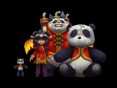 Playful Panda Themed Game Movie Characters In Red Outfits With Various Sizes 3d model