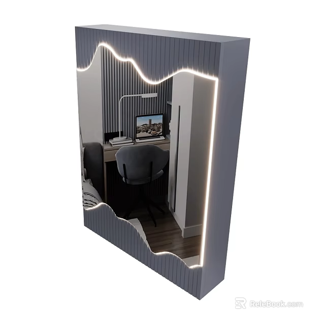 LED Lighted Mirror Reflecting Modern Workspace With Desk Chair And Laptop 3d model 