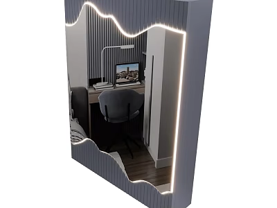 LED Lighted Mirror Reflecting Modern Workspace With Desk Chair And Laptop 3d model