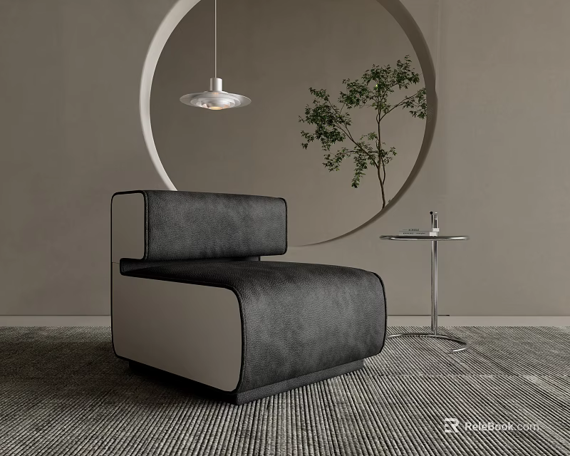 Modern Single Sofa With Gray And White Upholstery Round Decorative Wall And Side Table 3d model
