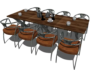 Dining Table Set With Wooden Top Metal Frame Chairs Orange Padded Seats And Cups 3d model