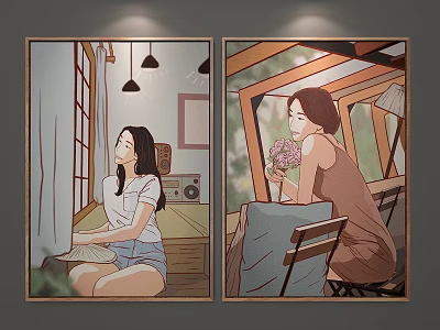 Portrait Paintings of Two Girls Holding Flowers by Window in Illustration Style 3d model