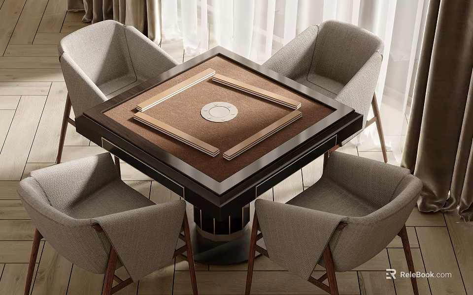 Modern Entertainment Table With Comfortable Grey Fabric Chairs Square Wooden Frame And Brown Tabletop 3d model 