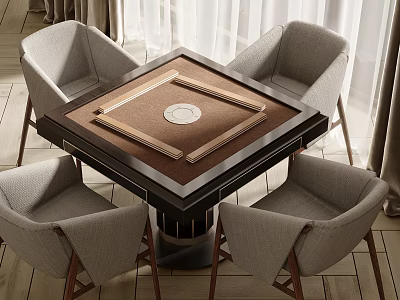 Modern Entertainment Table With Comfortable Grey Fabric Chairs Square Wooden Frame And Brown Tabletop 3d model