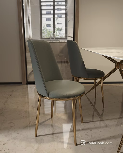 Elegant Modern Dining Table Set With Gray Upholstered Chairs And Golden Metal Legs 3d model 