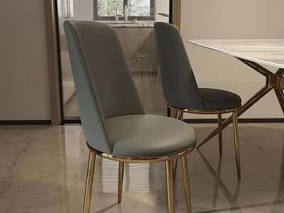 Elegant Modern Dining Table Set With Gray Upholstered Chairs And Golden Metal Legs 3d model