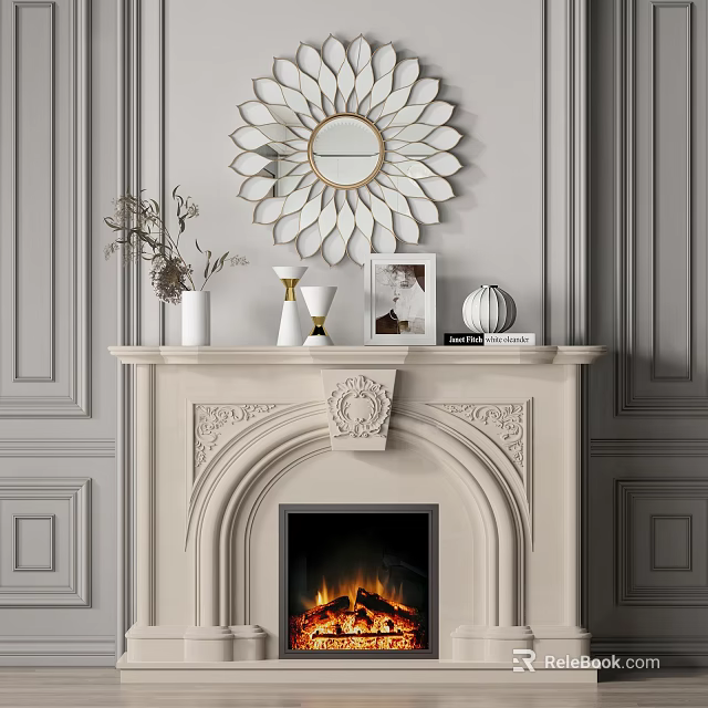 Ornate White Fireplace with Sunflower Mirror Framed Photo and Decor in Gray Paneled Interior 3d model 