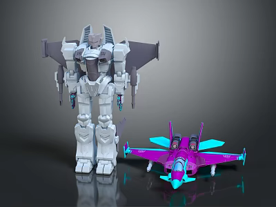 Giant Silver Mech Robot Standing Next To Purple Blue Toy Plane Model 3d model