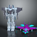 Giant Silver Mech Robot Standing Next To Purple Blue Toy Plane Model