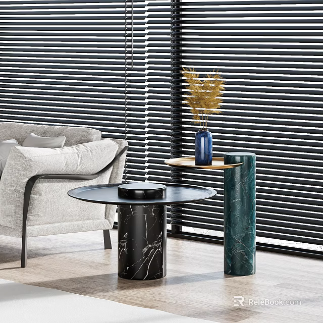 Modern Marble Bases Side Tables with Round Top and Vase in Living Room with Blinds 3d model 