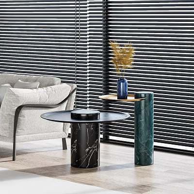 Modern Marble Bases Side Tables with Round Top and Vase in Living Room with Blinds 3d model