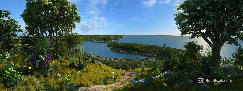 Scenic Landscape of Blue Sky White Clouds Calm Water Green Islands Lush Grassland Winding Path 3d model 