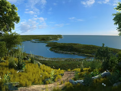 Scenic Landscape of Blue Sky White Clouds Calm Water Green Islands Lush Grassland Winding Path 3d model