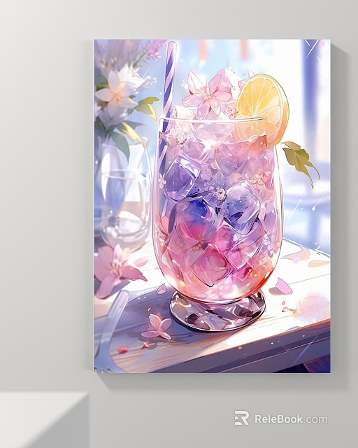Oil Painting Of Refreshing Pink Purple Drink With Ice Lemon And Cherry Blossoms 3d model 