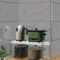 Kitchen Storage Shelf With White SMEG Kettle And Green Rice Cooker Against Marble Wall