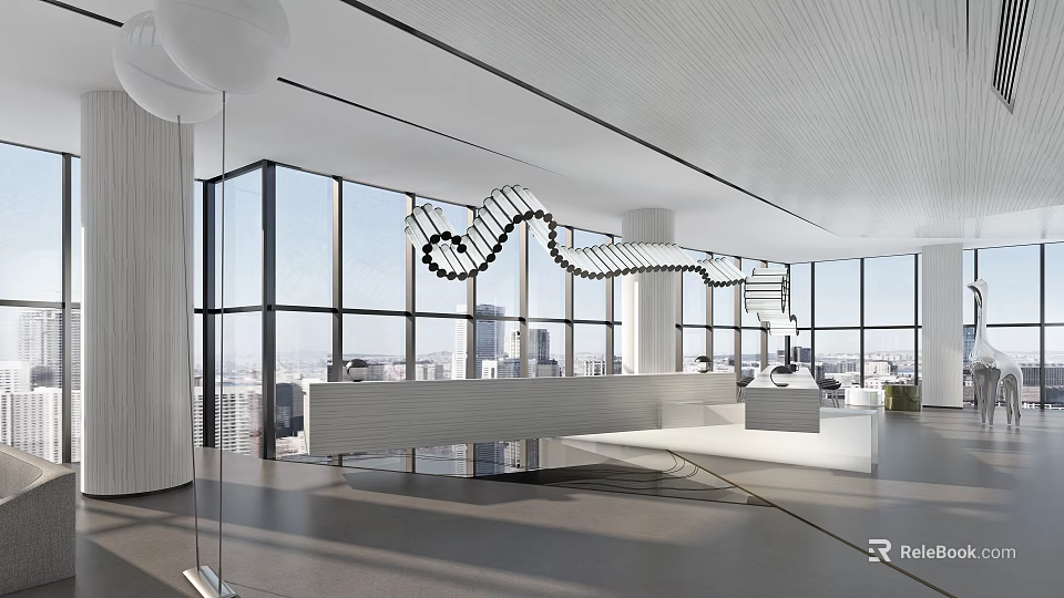 Modern Spacious Reception Area With White Front Desk Large Windows And City View 3d model 