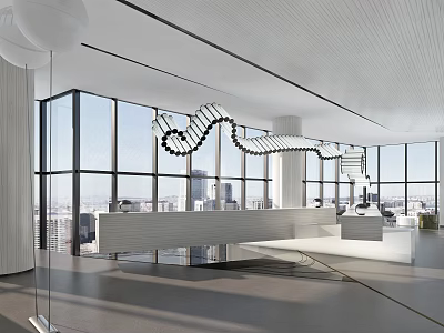 Modern Spacious Reception Area With White Front Desk Large Windows And City View 3d model