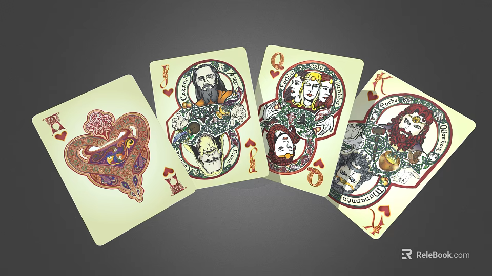 Decorative Heart Suit Playing Cards With Jack Queen King And Ace Illustrations 3d model 