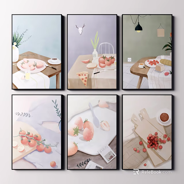 Six Decorative Wall Art Paintings With Fruit Table Scenes And Kitchen Elements 3d model