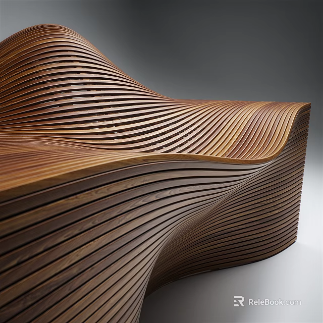Public Wooden Chair with Curved Slats and Modern Sculptural Design 3d model 