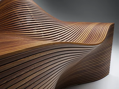 Public Wooden Chair with Curved Slats and Modern Sculptural Design 3d model
