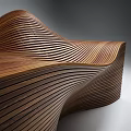 Public Wooden Chair with Curved Slats and Modern Sculptural Design