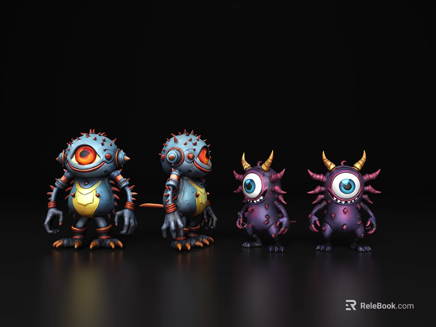 Cartoon Style Game and Movie Monster Characters With Different Colors Big Eyes Horns and Spikes 3d model 