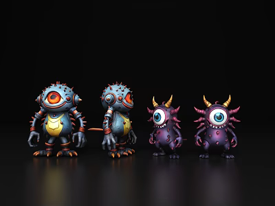 Cartoon Style Game and Movie Monster Characters With Different Colors Big Eyes Horns and Spikes 3d model