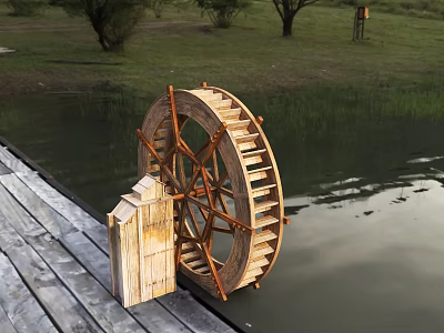 Wooden Water Wheel By The Water With Wooden Platform And Green Grassland 3d model
