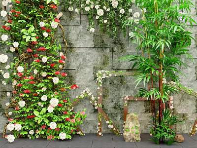 Lush Vines Covering Stone Wall With Red And White Flowers And Bamboo Decor 3d model