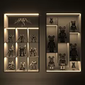 Decorative Ornament Display Collection With Colorful Bear Figurines And Robot Model Figures On Display Shelves