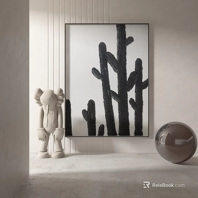 Modern Interior Decor Featuring White Sculpture Black Cactus Artwork And Gray Sphere 3d model 