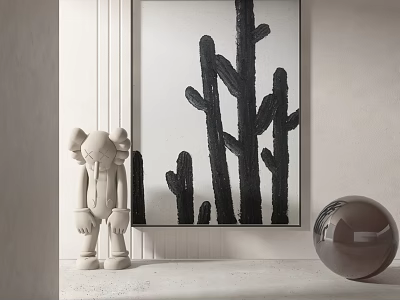 Modern Interior Decor Featuring White Sculpture Black Cactus Artwork And Gray Sphere 3d model