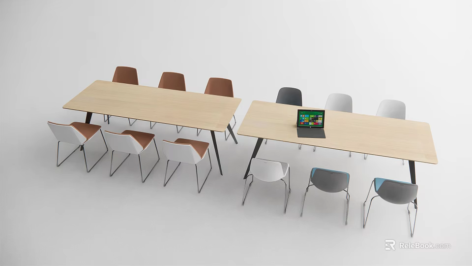 Light Wood Conference Tables With Black Legs Mixed Color Chairs And Laptop On Top 3d model 