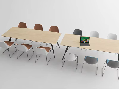Light Wood Conference Tables With Black Legs Mixed Color Chairs And Laptop On Top 3d model