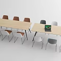 Light Wood Conference Tables With Black Legs Mixed Color Chairs And Laptop On Top
