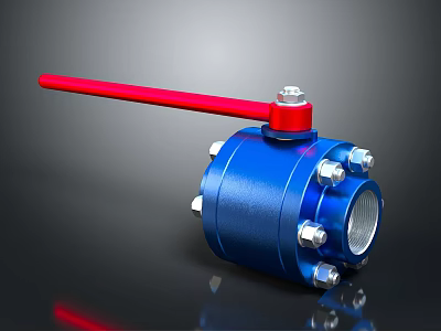 Blue Ball Valve Industrial Metal Design With Red Handle And Bolted Connections 3d model