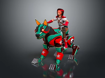 Game Movie Character Riding Green Red Mechanical Dog Mount With Star Patterns And Metal Legs 3d model